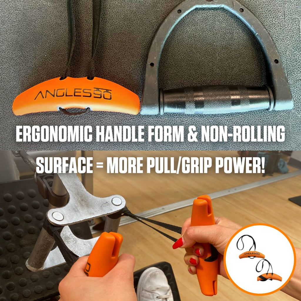 Maximize your grip/pull power and reduce joint stress with an ergonomically designed handle that won't roll away – your workout just got an upgrade with Angles90 Grips!