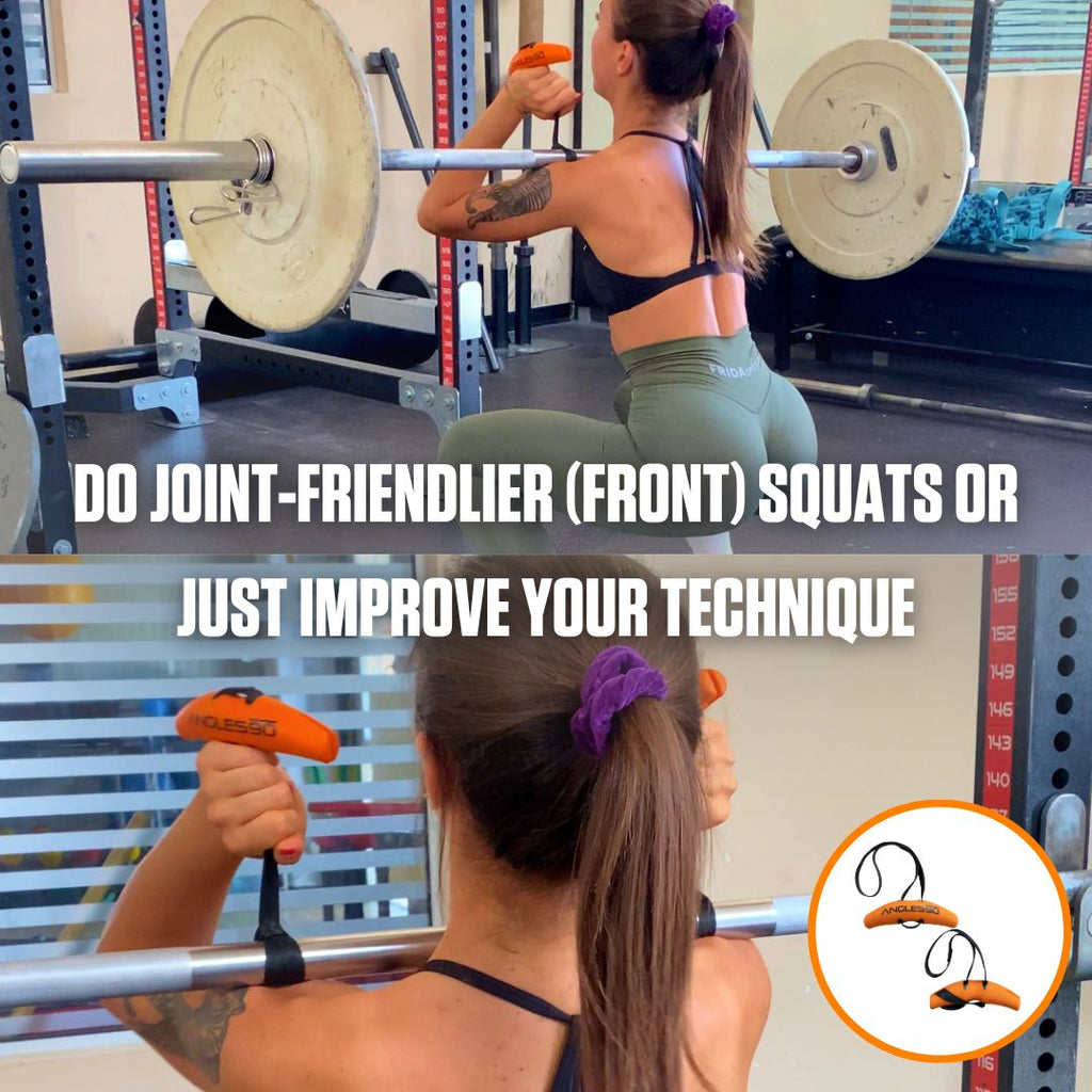 A focused individual performs a front squat in a gym with text overlay suggesting to do joint-friendlier front squats using Angles90 Grips or to simply improve squatting technique.