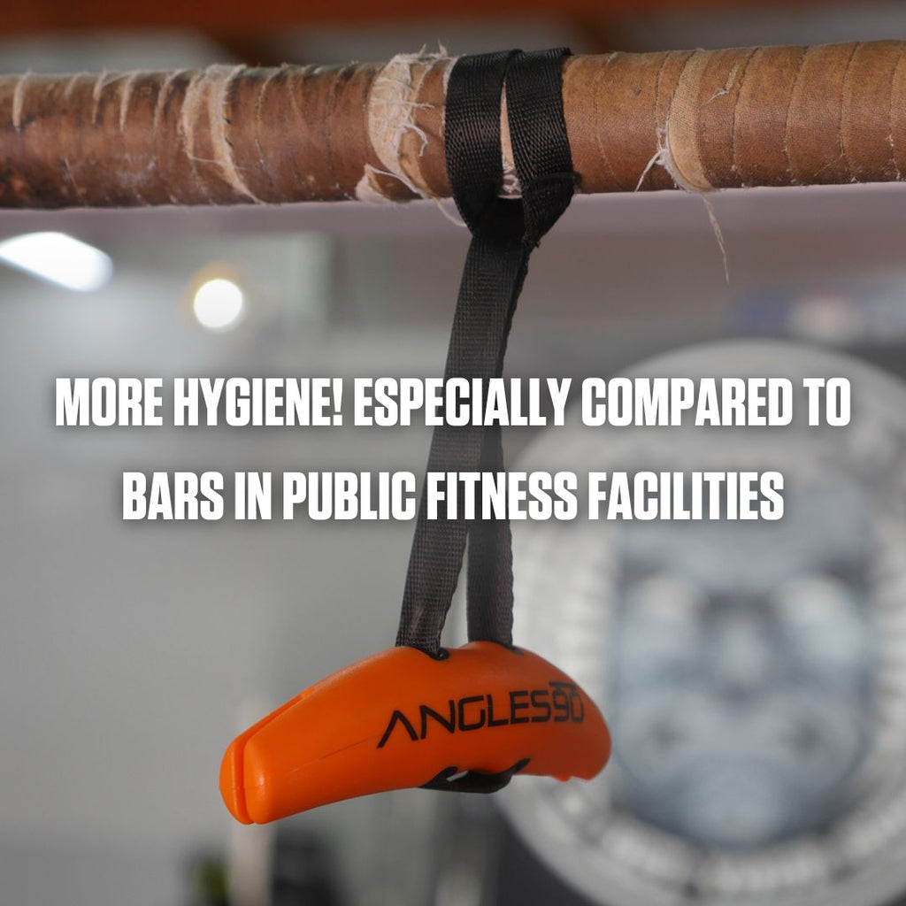 A personal gym equipment attachment, the Angles90 Grips, highlighting hygiene benefits over communal fitness facility bars while enhancing your grip/pull power.