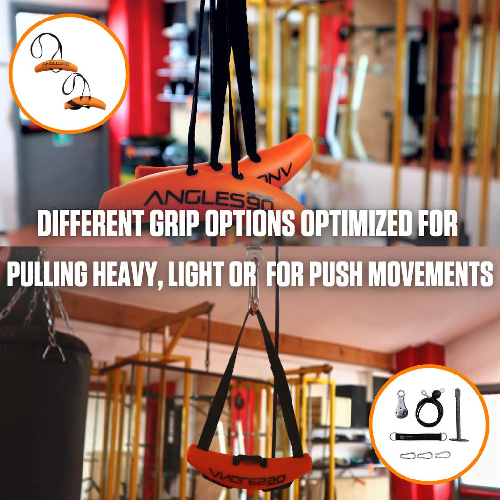 A snapshot of a well-equipped gym showcasing A90 Cable Pulley and a variety of workout handles and attachments, including different grip options optimized for pulling heavy, light, or for push movements. The inclusion of a pulley system with