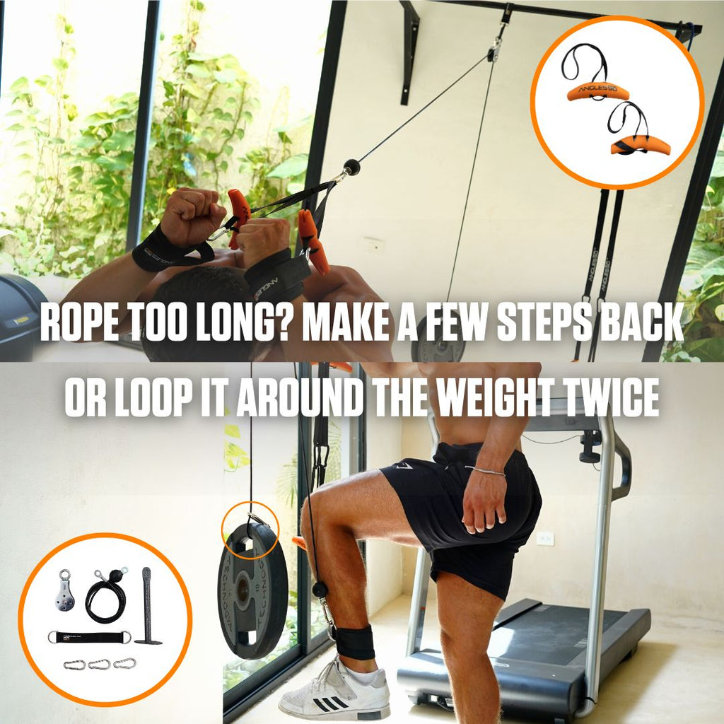 A person making adjustments on an A90 Cable Pulley with a heavy-duty steel cable for an optimal workout, with a tip on how to handle a rope that's too long by either stepping back or looping it around