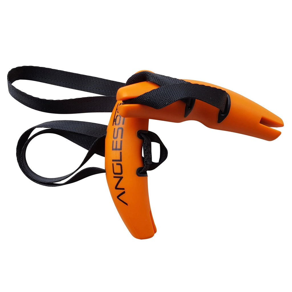 Orange whistle with black strap and Angles90 Grips for enhanced grip/pull power, isolated on a white background.