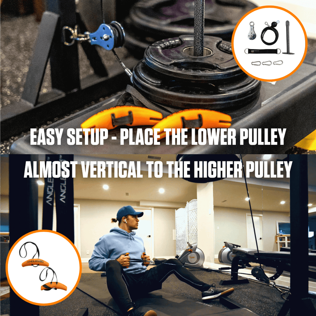 A person performing seated cable rows in a gym with instructions for easy setup indicating the placement of the lower pulley almost vertical to the higher pulley, utilizing a heavy-duty A90 Cable Pulley in the pulley.