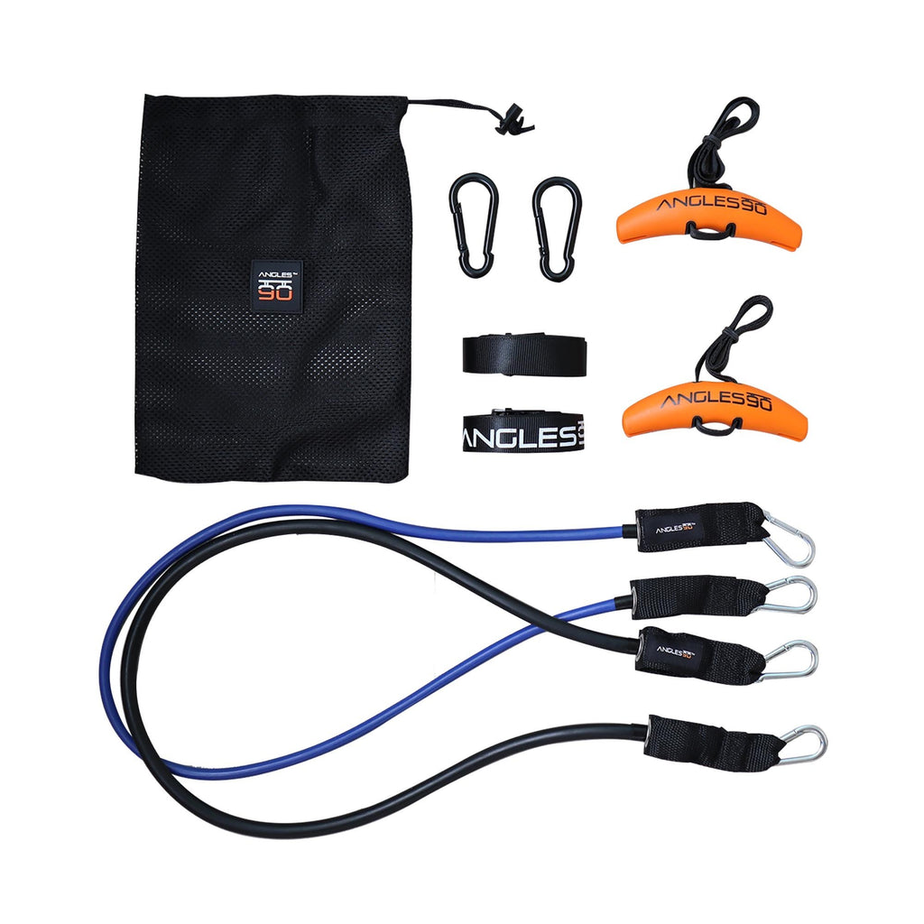 A set of blue A90 Athlete Set Resistance Bands with black handles and attachments, accompanied by orange accessory straps, carabiners, and a storage pouch, all bearing the "angles90" brand logo.