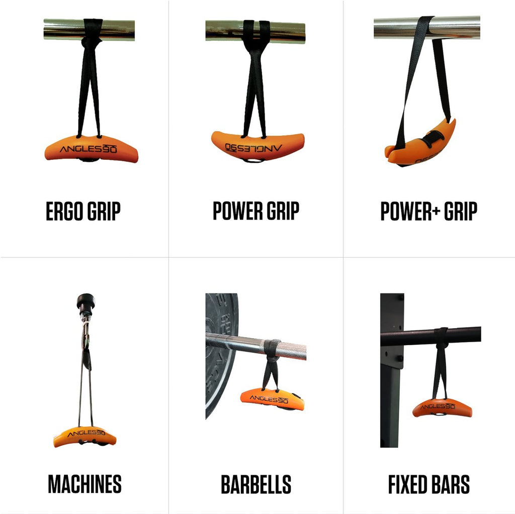 A variety of Angles90 Grips attachments, including different designs for ergonomic support and reduced joint stress, compatible with machines, barbells, and fixed bars.