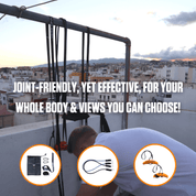 A person working out on a rooftop during sunset with the A90 Home Gym Set, promoting a joint-friendly, full-body exercise routine coupled with the luxury of choosing a scenic workout location.